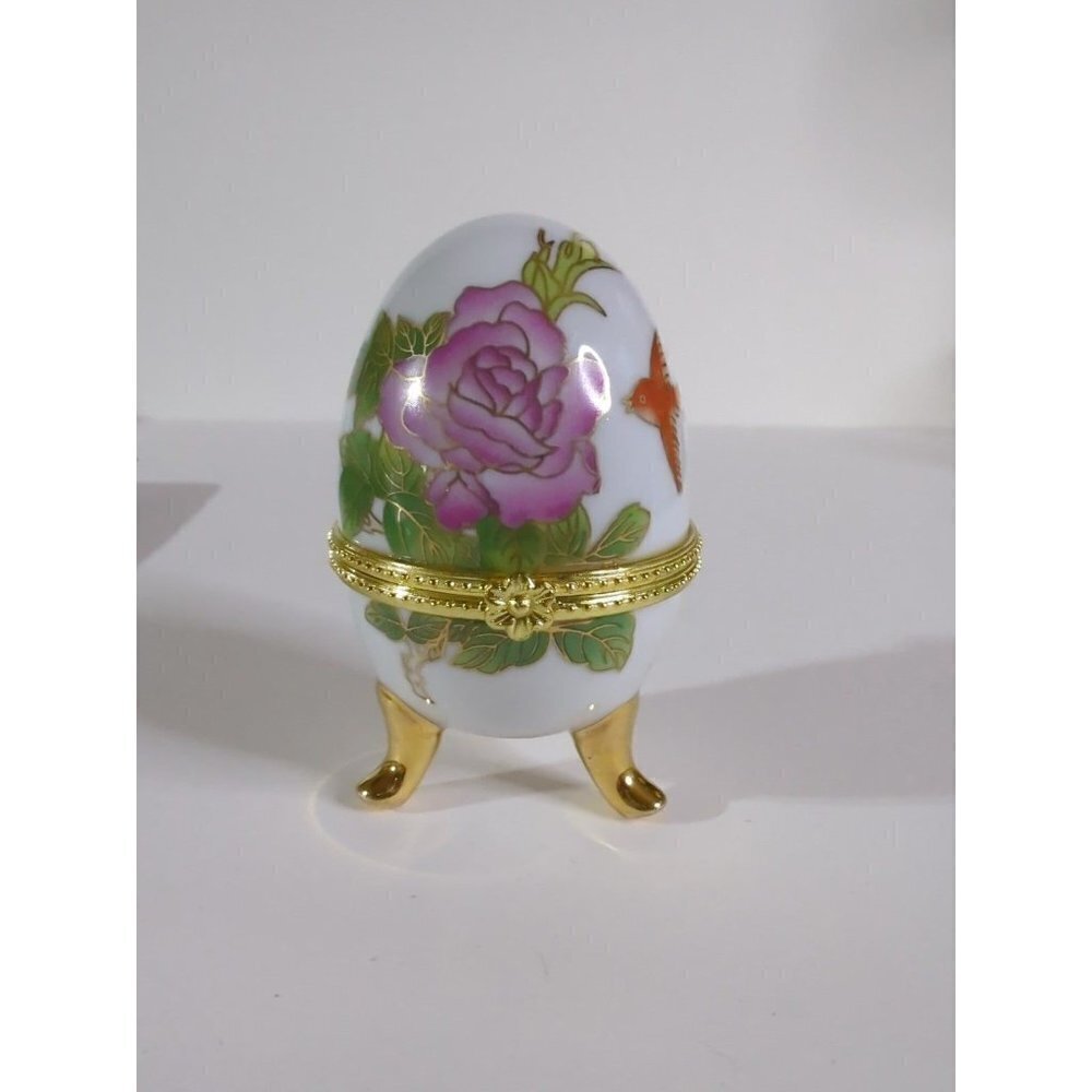 Vintage floral ceramic egg trinket dish with birds and gold tone accent